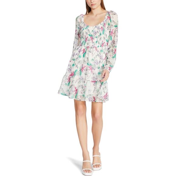 Steve Madden Multi Cream Floral Long Sleeve Smocked Chiffon Mini Dress Medium - Picture 1 of 14